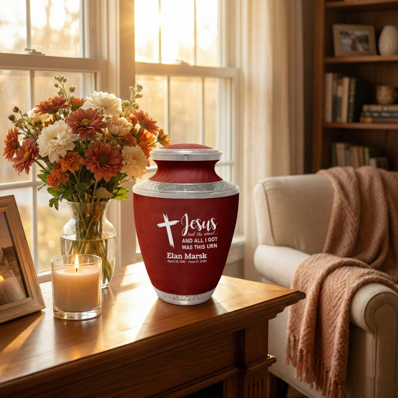 Jesus Took The Wheel Cremation Urn - Rose Red