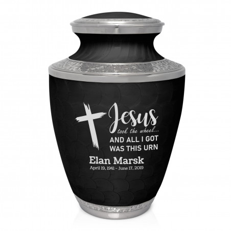 Jesus Took The Wheel Cremation Urn - Ebony Black