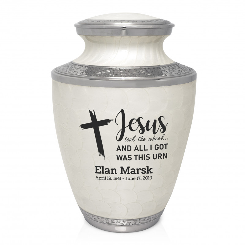 Jesus Took The Wheel Cremation Urn - Radiant White