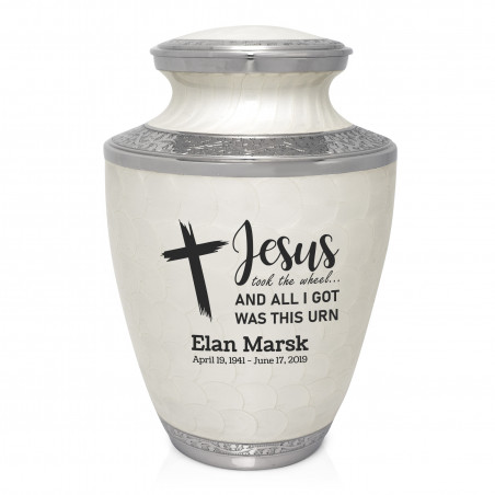 Jesus Took The Wheel Cremation Urn - Radiant White