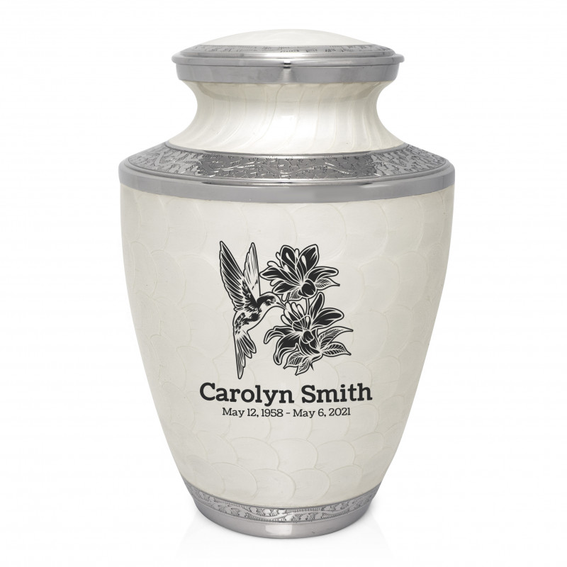 Hummingbird Flowers Cremation Urn - Radiant White