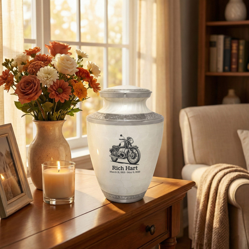 Classic Motorcycle Cremation Urn - Radiant White