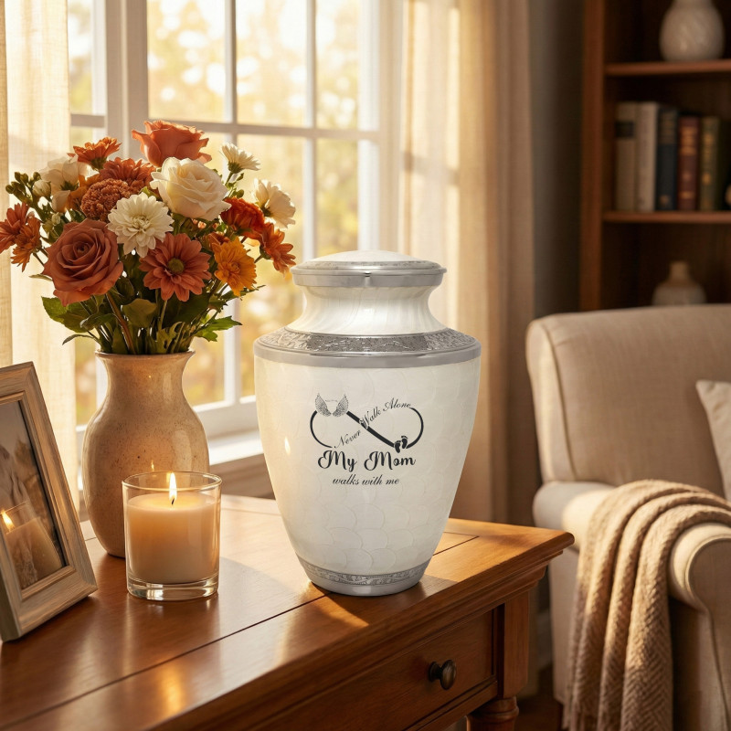 My Mom Walks With Me Cremation Urn - Radiant White