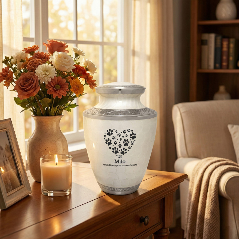 Extra Large Pawprint Heart Pet Cremation Urn - Radiant White