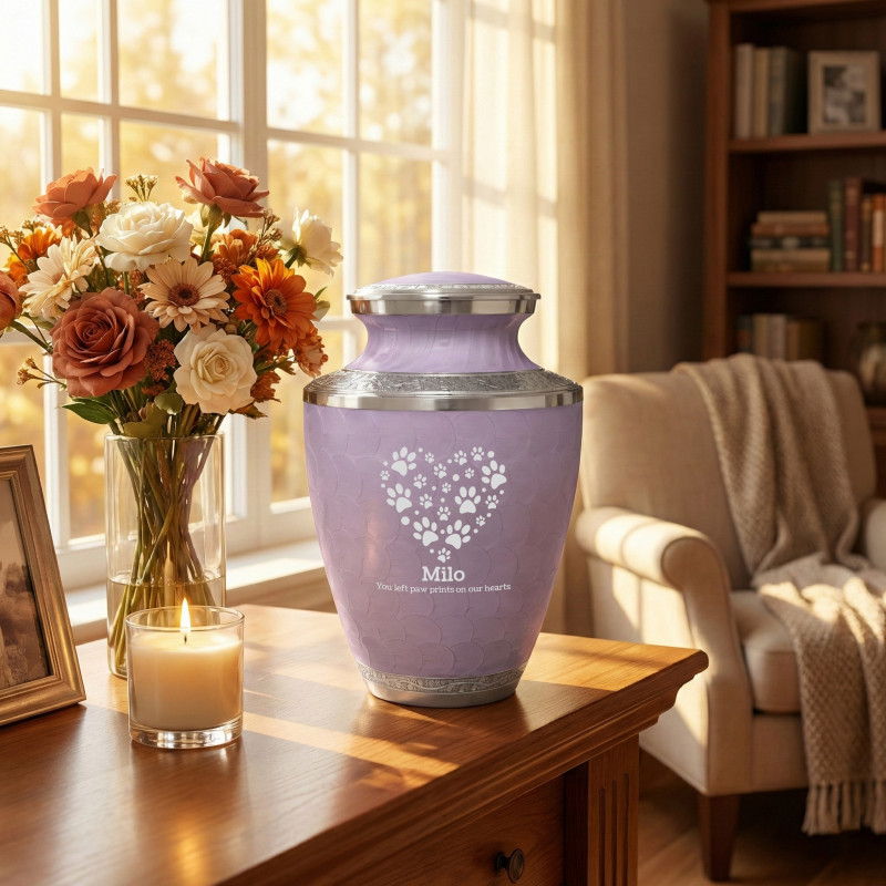 Extra Large Pawprint Heart Pet Cremation Urn - Regal Purple