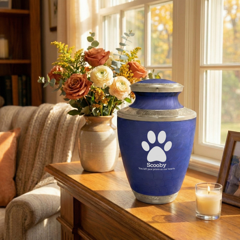 Extra Large Paw Print Pet Cremation Urn - Royal Blue