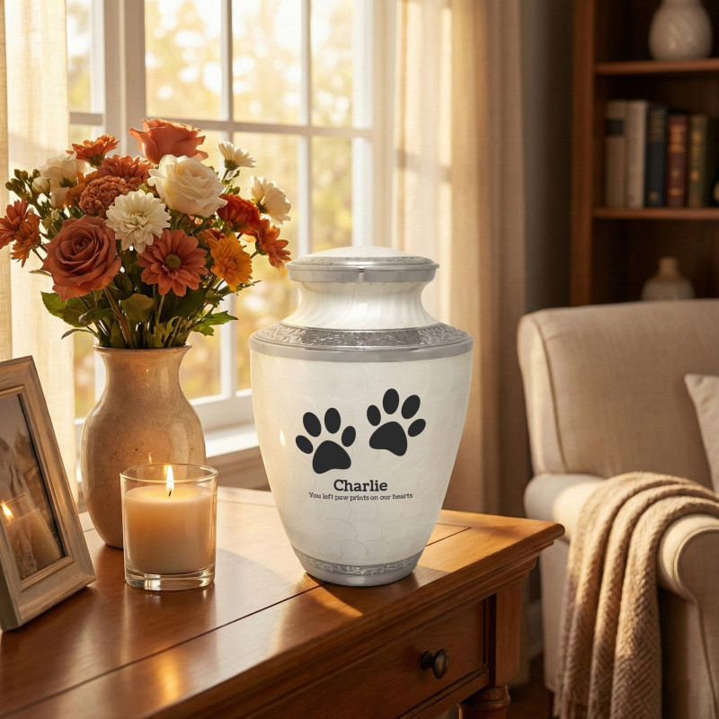 Extra Large Paw Prints Pet Cremation Urn - Radiant White