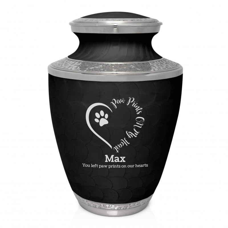Extra Large Paw Prints On Heart Pet Cremation Urn - Ebony Black