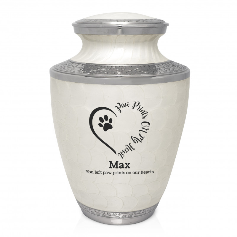 Extra Large Paw Prints On Heart Pet Cremation Urn - Radiant White