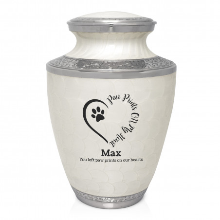 Extra Large Paw Prints On Heart Pet Cremation Urn - Radiant White