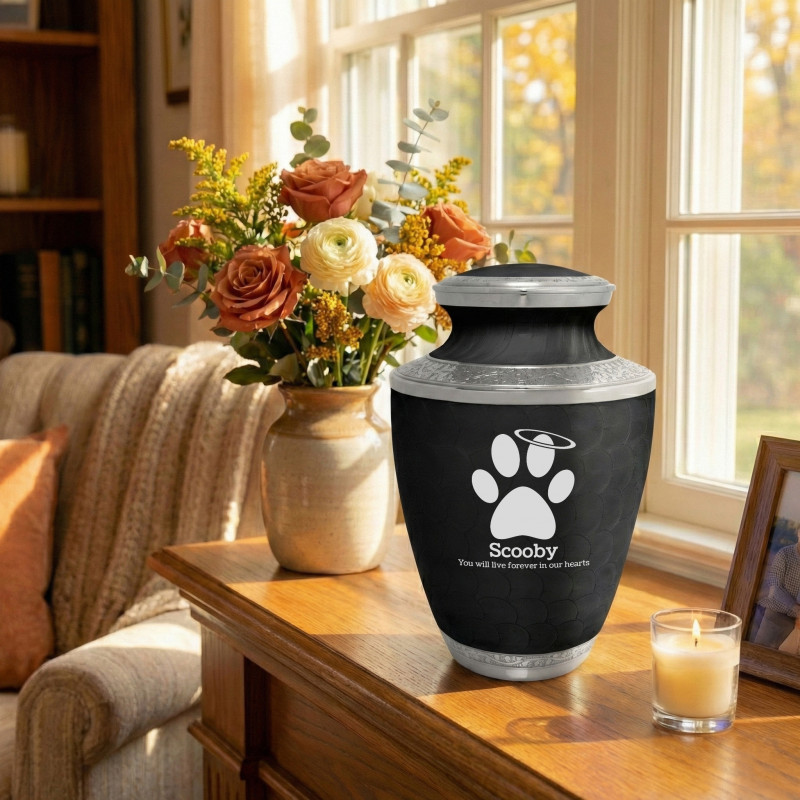 Extra Large Paw Prints Halo Pet Cremation Urn - Ebony Black