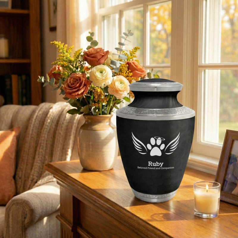Extra Large Paw Prints Wings Halo Pet Cremation Urn - Ebony Black