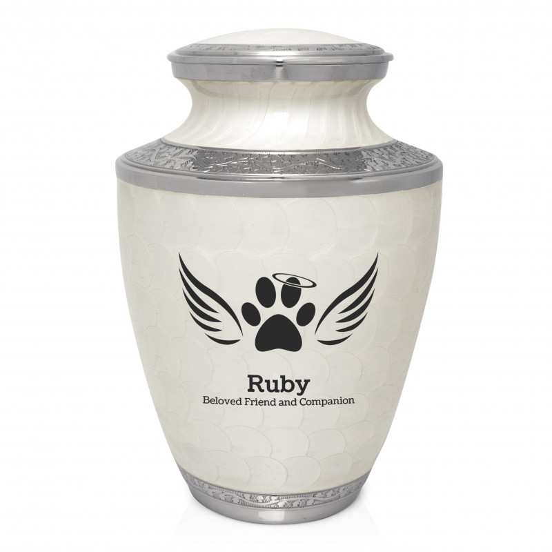 Extra Large Paw Prints Wings Halo Pet Cremation Urn - Radiant White
