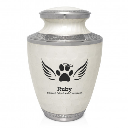 Extra Large Paw Prints Wings Halo Pet Cremation Urn - Radiant White