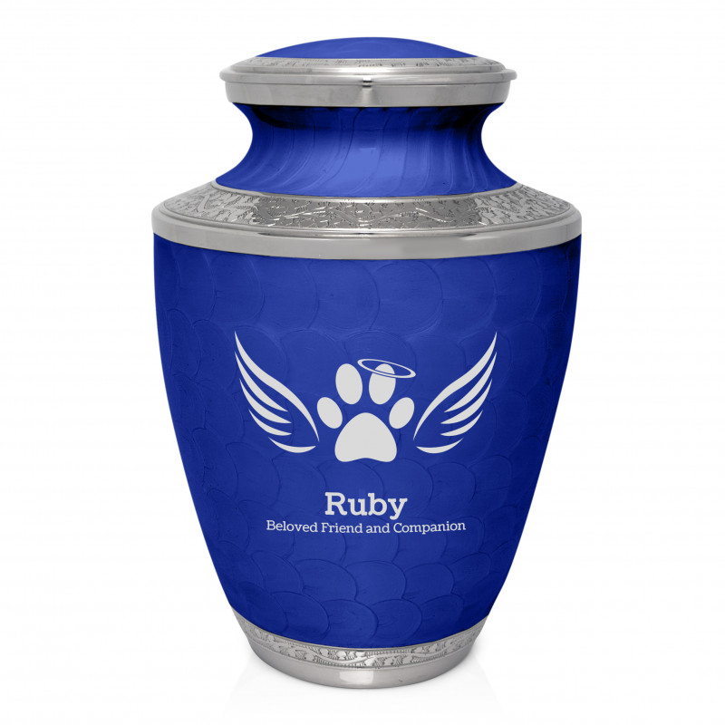 Extra Large Paw Prints Wings Halo Pet Cremation Urn - Royal Blue