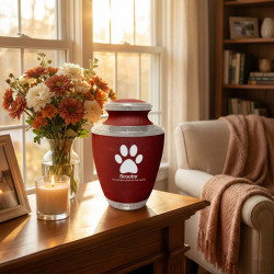 Extra Large Paw Print Pet Cremation Urn - Rose Red