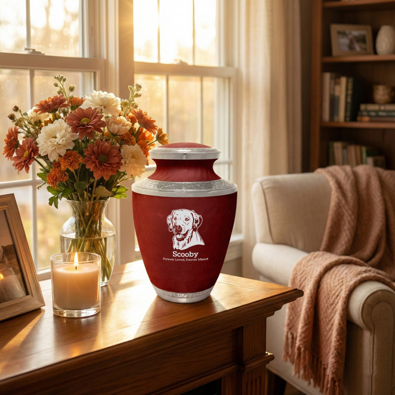 Extra Large Yellow Lab Pet Cremation Urn - Rose Red