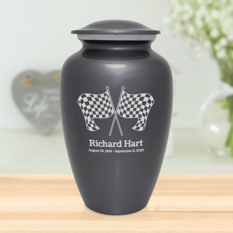 Race Checkered Flag Cremation Urn - Gunmetal Gray