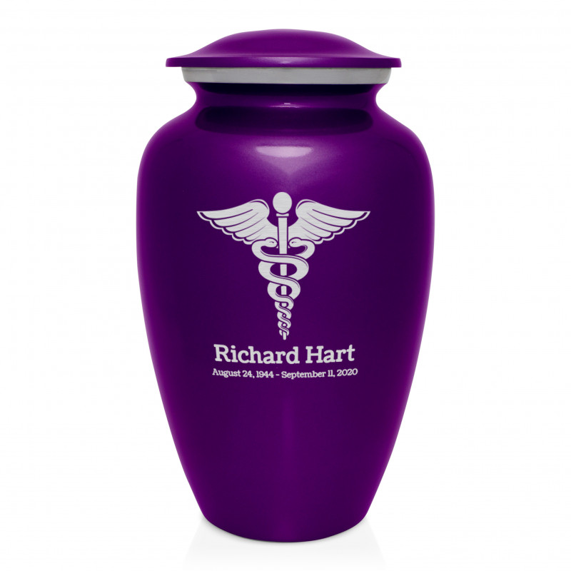 Caduceus Cremation Urn - Purple Luster