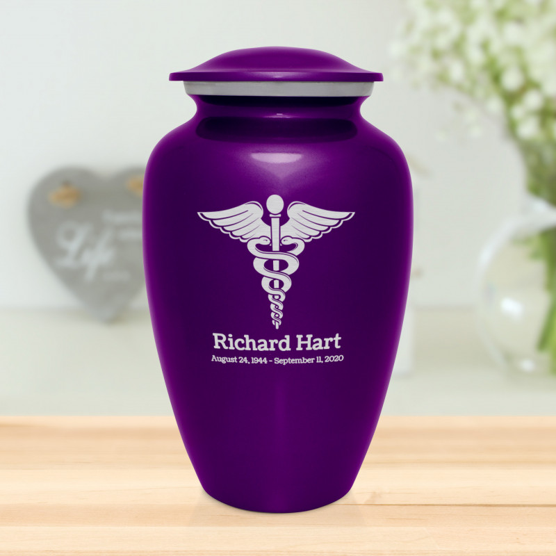 Caduceus Cremation Urn - Purple Luster