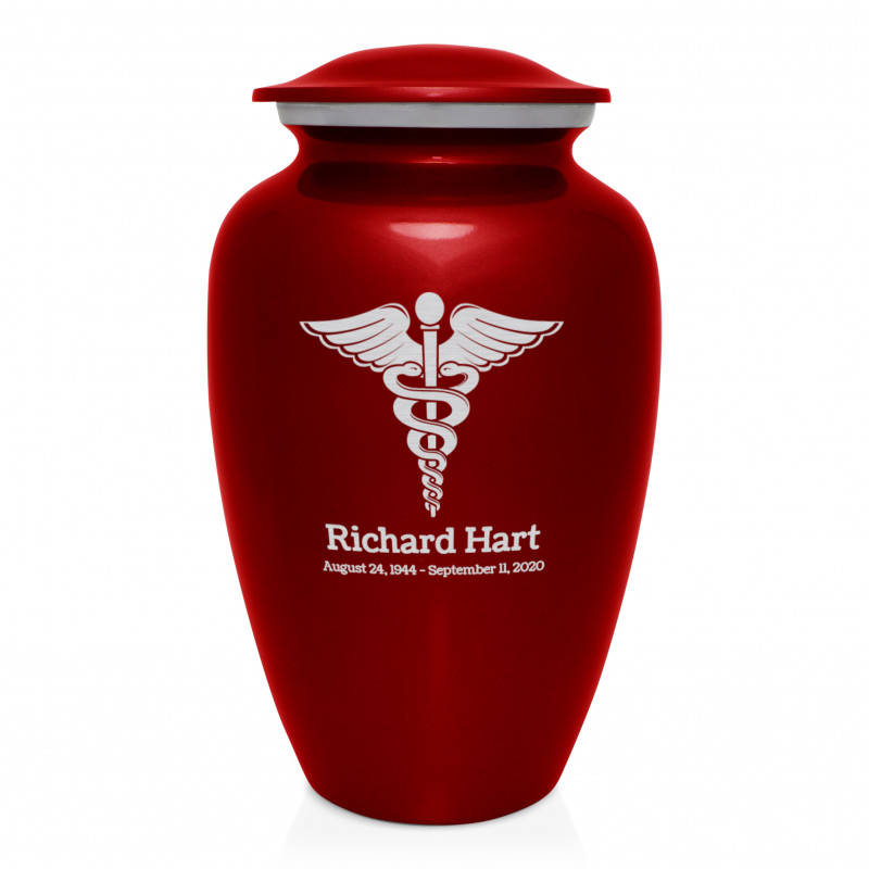 Caduceus Cremation Urn - Ruby Red