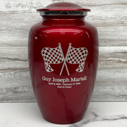 Customer Gallery - Race Checkered Flag Cremation Urn - Ruby Red