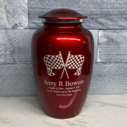 Customer Gallery - Race Checkered Flag Cremation Urn - Ruby Red