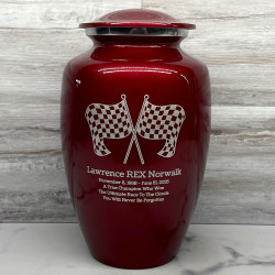 Customer Gallery - Race Checkered Flag Cremation Urn - Ruby Red