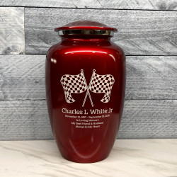 Customer Gallery - Race Checkered Flag Cremation Urn - Ruby Red
