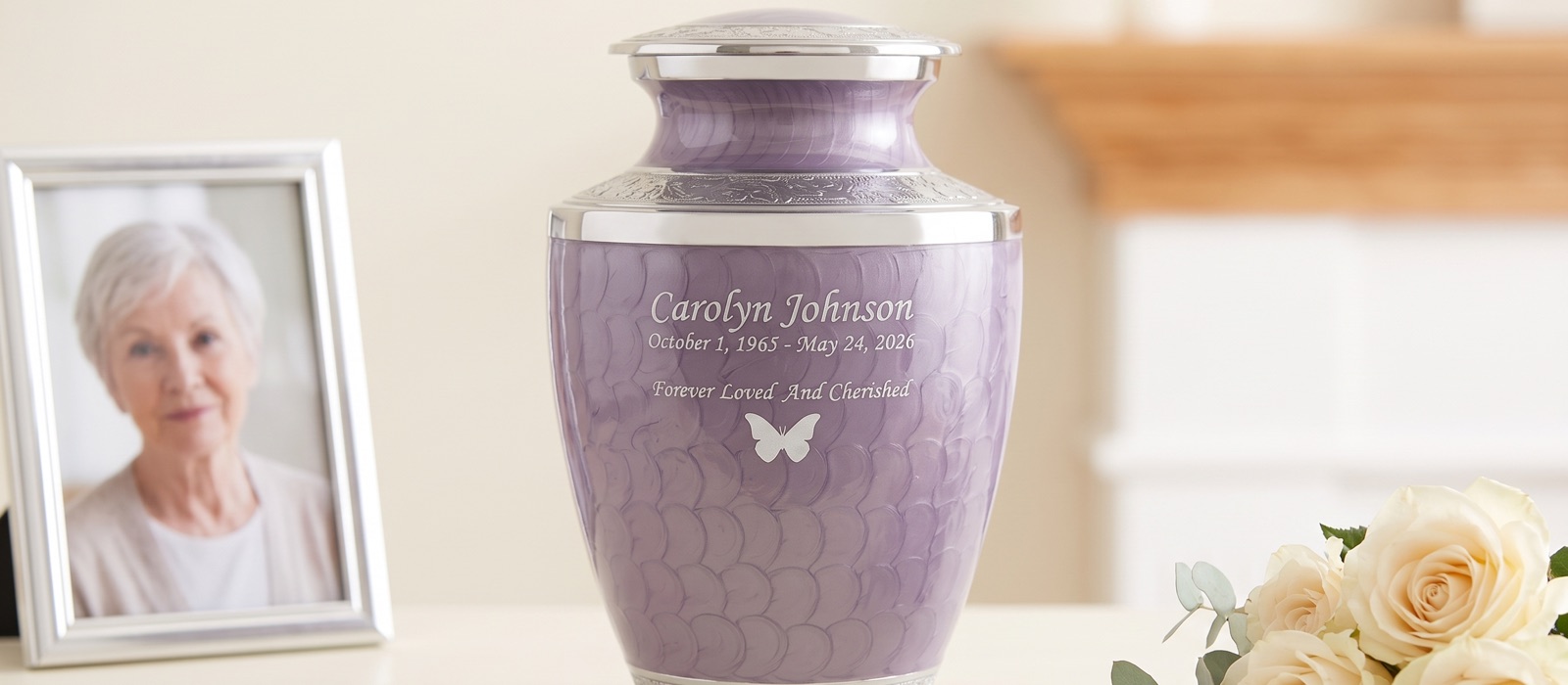 An engraved cremation urn at rest in a family home