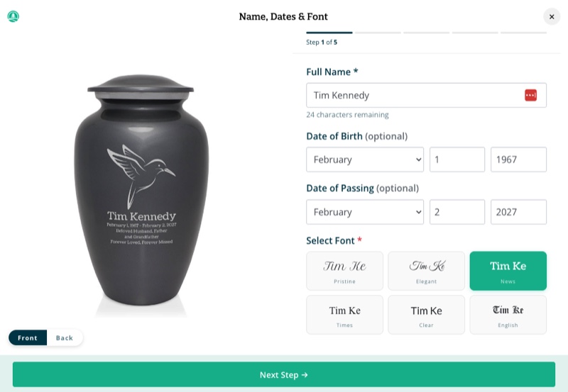 The free urn designer showing a live engraving preview with name, dates and font choices