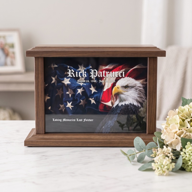 Walnut wood cremation urn with a full-color eagle and flag Prestige artwork plate