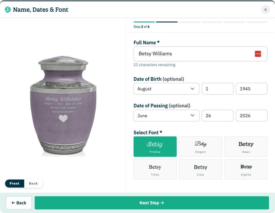 The urn designer: a live engraving preview of a name, dates and tribute on a lavender urn while choosing a font