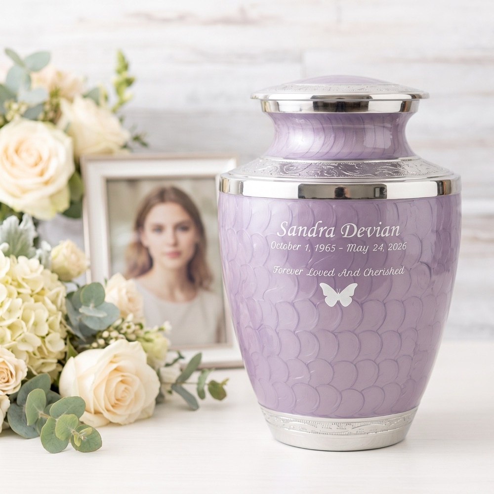 A lavender pearl cremation urn engraved with a name and butterfly, beside white roses and a framed photo