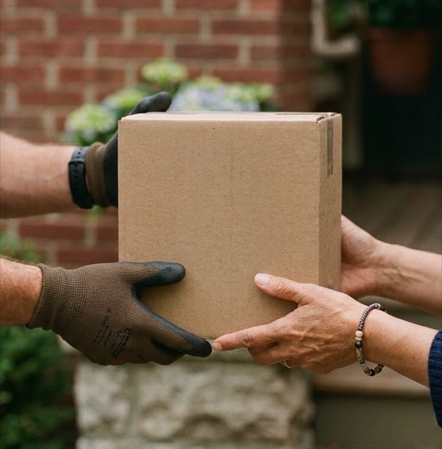 A package handed to a family member at their front door