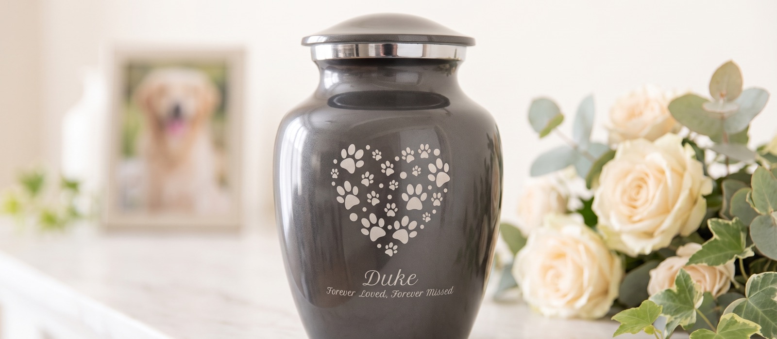 An engraved pet urn at rest in a family home